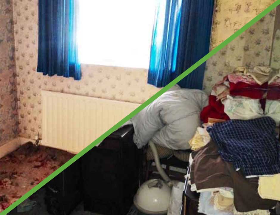 A room shown before and after a house clearance, cluttered on one side and cleared on the other