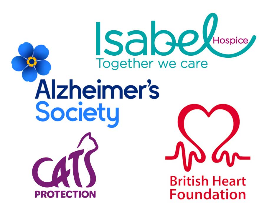 Logos of charities we support, including Isabel Hospice, Alzheimer's Society, Cats Protection and the British Heart Foundation